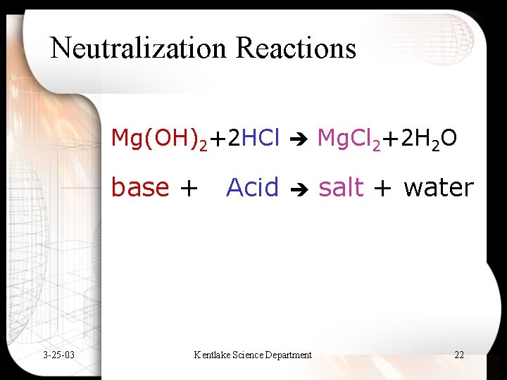 Neutralization Reactions Mg(OH)2+2 HCl Mg. Cl 2+2 H 2 O base + 3 -25