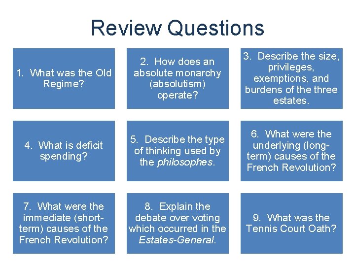 Review Questions 1. What was the Old Regime? 2. How does an absolute monarchy