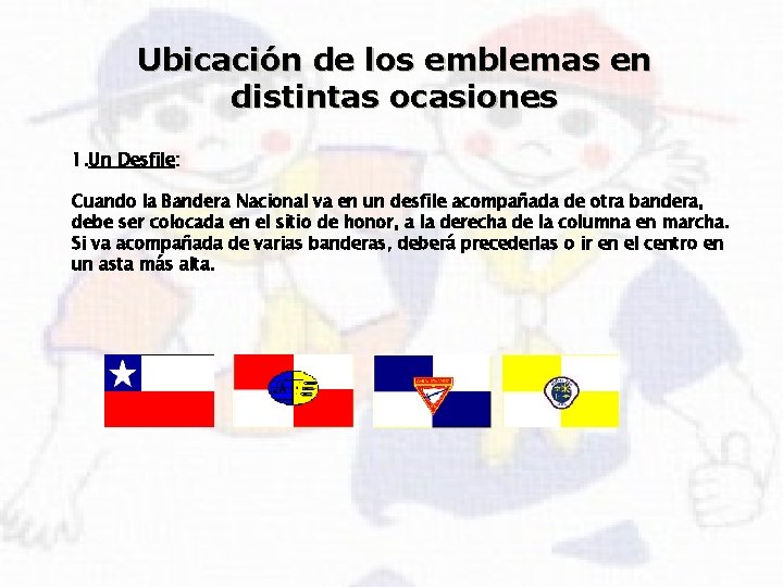 Ubicación de los emblemas en distintas ocasiones 1. Un Desfile: Cuando la Bandera Nacional