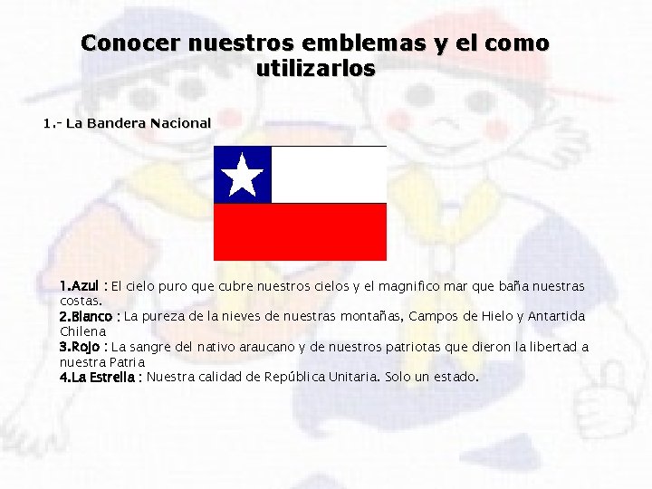 Conocer nuestros emblemas y el como utilizarlos 1. - La Bandera Nacional 1. Azul