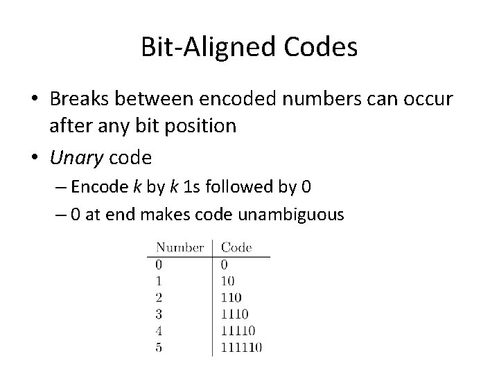 Bit-Aligned Codes • Breaks between encoded numbers can occur after any bit position •