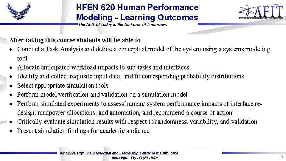 HFEN 620 Human Performance Modeling - Learning Outcomes The AFIT of Today is the HFEN 620 Human Performance Modeling - Learning Outcomes The AFIT of Today is the