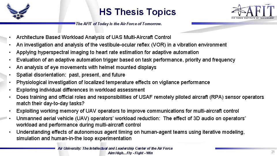 HS Thesis Topics The AFIT of Today is the Air Force of Tomorrow. • HS Thesis Topics The AFIT of Today is the Air Force of Tomorrow. •