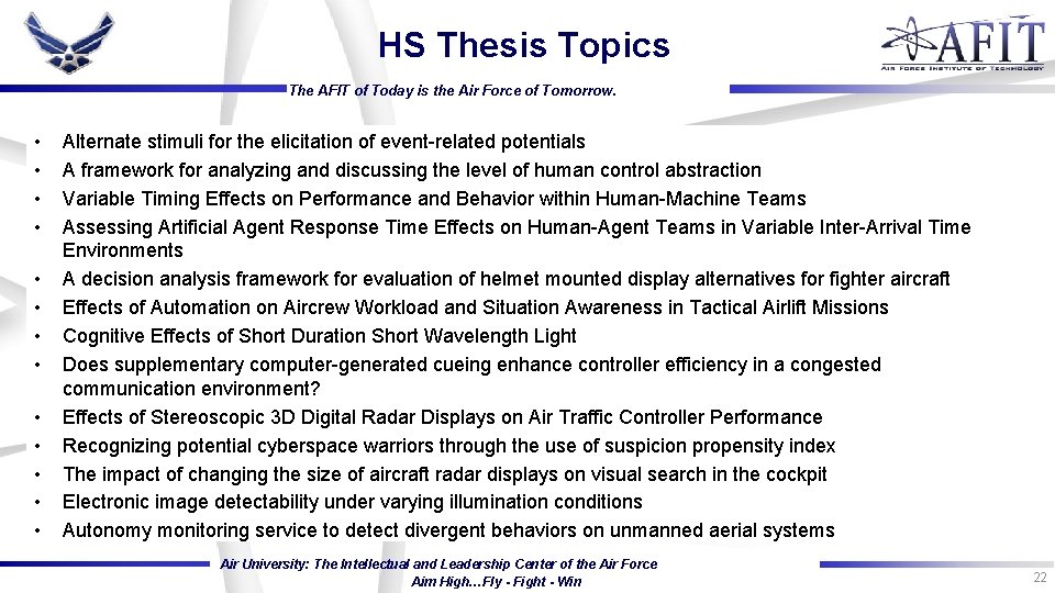 HS Thesis Topics The AFIT of Today is the Air Force of Tomorrow. • HS Thesis Topics The AFIT of Today is the Air Force of Tomorrow. •
