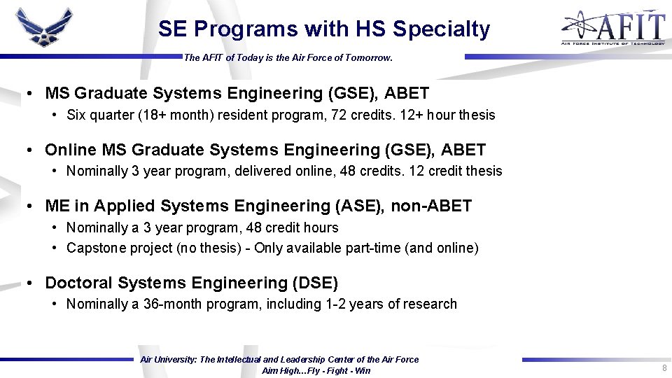 SE Programs with HS Specialty The AFIT of Today is the Air Force of SE Programs with HS Specialty The AFIT of Today is the Air Force of