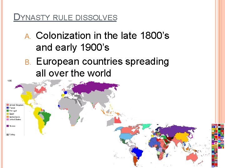 DYNASTY RULE DISSOLVES A. B. Colonization in the late 1800’s and early 1900’s European