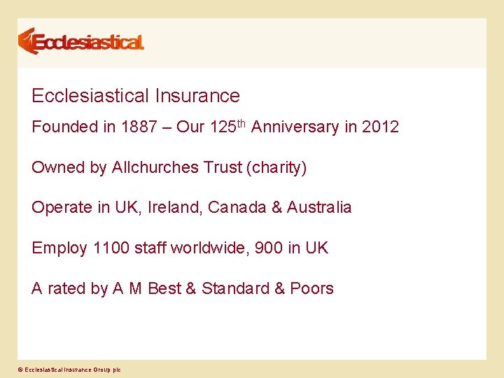 Ecclesiastical Insurance Founded in 1887 – Our 125 th Anniversary in 2012 Owned by