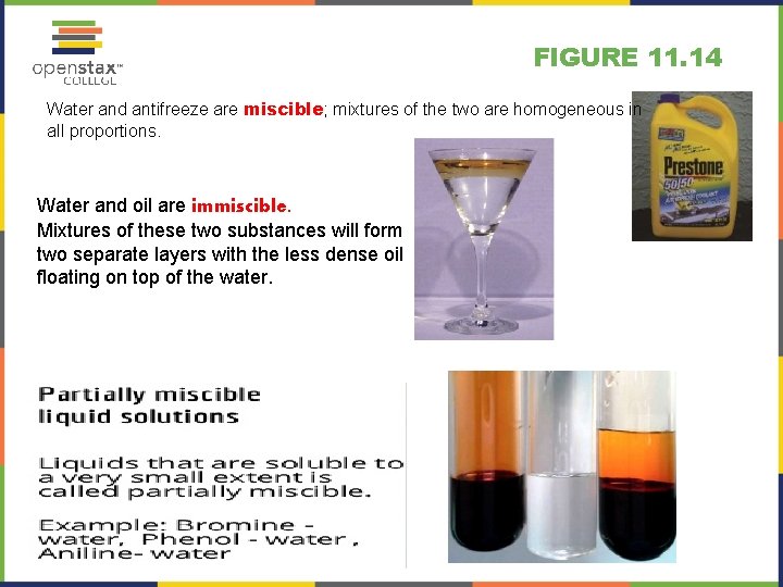 FIGURE 11. 14 Water and antifreeze are miscible; mixtures of the two are homogeneous FIGURE 11. 14 Water and antifreeze are miscible; mixtures of the two are homogeneous
