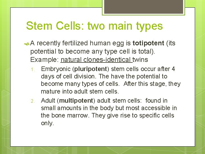 Stem Cells: two main types A recently fertilized human egg is totipotent (its potential