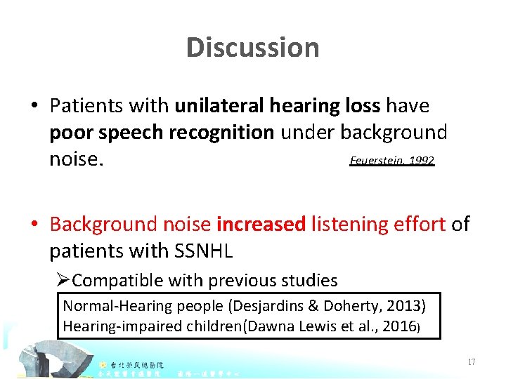 Discussion • Patients with unilateral hearing loss have poor speech recognition under background Feuerstein,