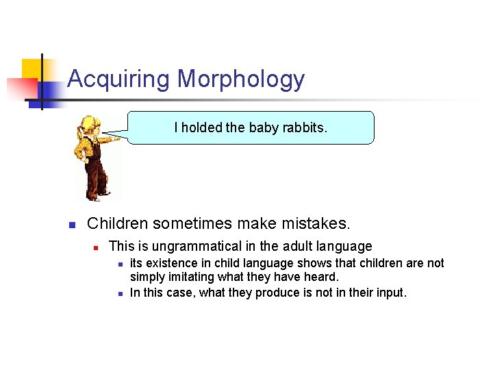 Acquiring Morphology I holded the baby rabbits. n Children sometimes make mistakes. n This