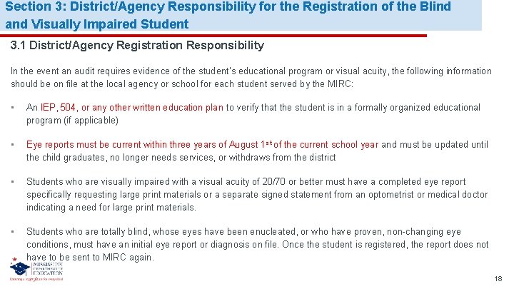 Section 3: District/Agency Responsibility for the Registration of the Blind and Visually Impaired Student