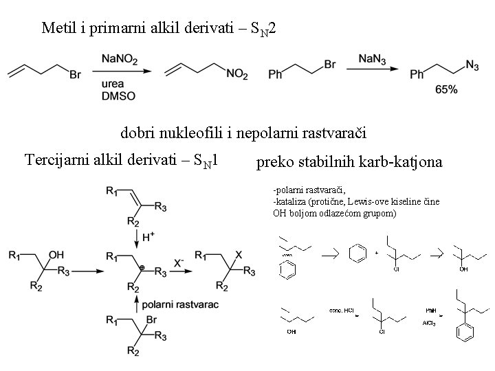 Metil i primarni alkil derivati – SN 2 dobri nukleofili i nepolarni rastvarači Tercijarni