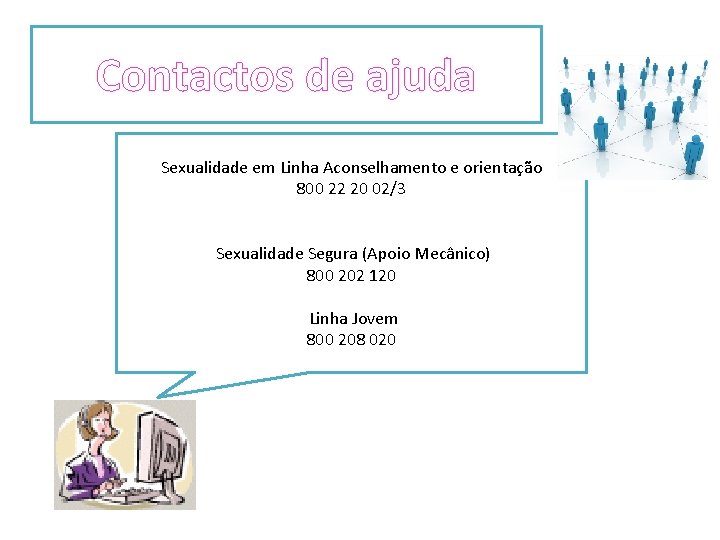 Contactos de ajuda Sexualidade em Linha Aconselhamento e orientação 800 22 20 02/3 Sexualidade