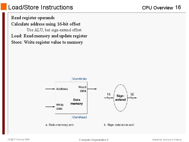 Load/Store Instructions CPU Overview 16 Read register operands Calculate address using 16 -bit offset