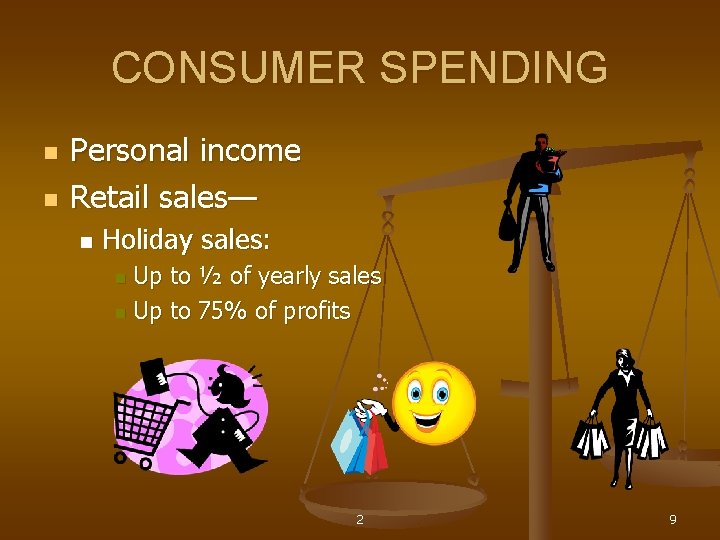 CONSUMER SPENDING n n Personal income Retail sales— n Holiday sales: Up to ½