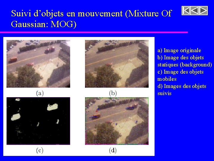 Suivi d’objets en mouvement (Mixture Of Gaussian: MOG) a) Image originale b) Image des