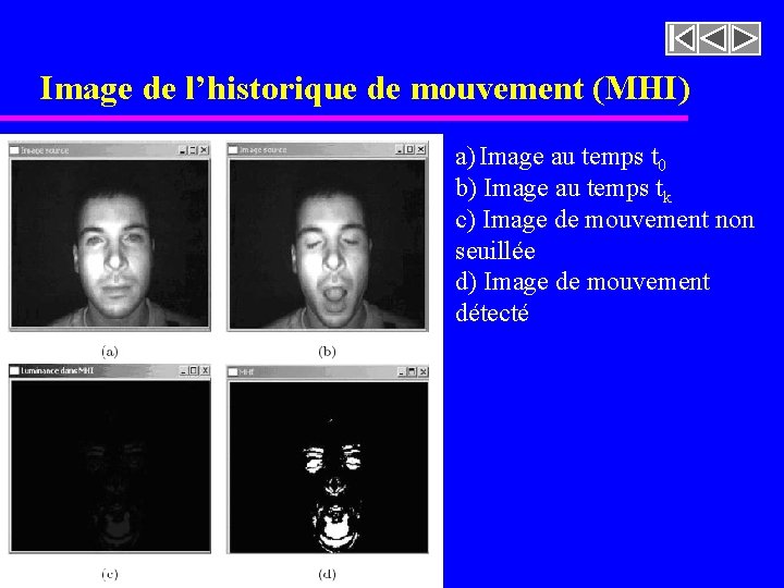 Image de l’historique de mouvement (MHI) a) Image au temps t 0 b) Image
