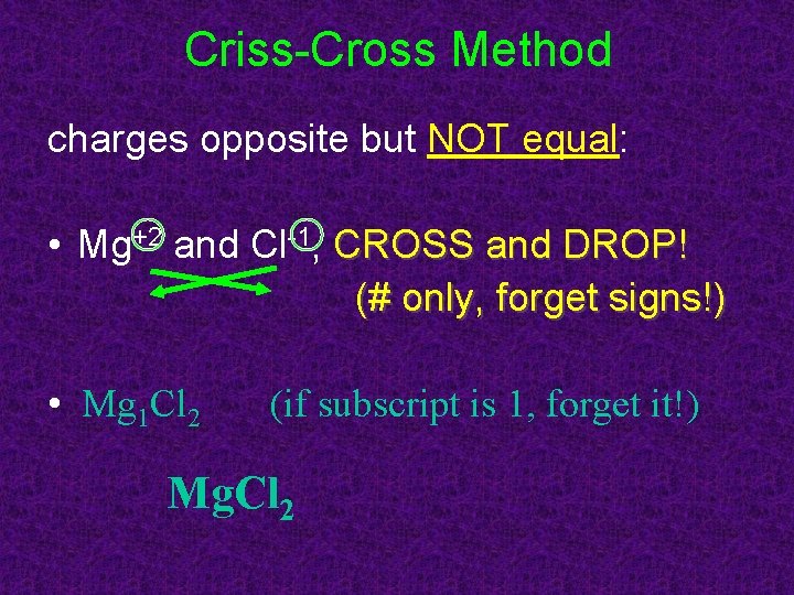 Criss-Cross Method charges opposite but NOT equal: • Mg+2 and Cl-1, CROSS and DROP!