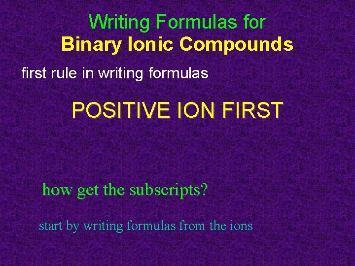 Writing Formulas for Binary Ionic Compounds first rule in writing formulas POSITIVE ION FIRST