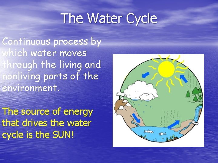 The Water Cycle Continuous process by which water moves through the living and nonliving