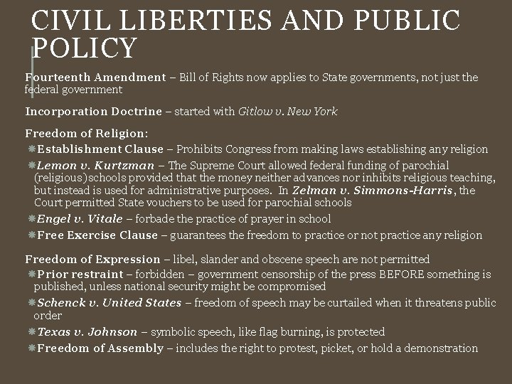 CIVIL LIBERTIES AND PUBLIC POLICY Fourteenth Amendment – Bill of Rights now applies to