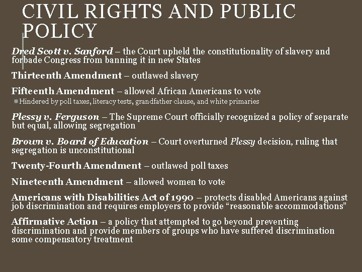 CIVIL RIGHTS AND PUBLIC POLICY Dred Scott v. Sanford – the Court upheld the