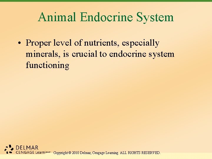 Animal Endocrine System • Proper level of nutrients, especially minerals, is crucial to endocrine