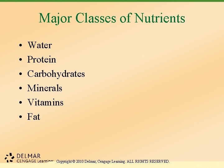 Major Classes of Nutrients • • • Water Protein Carbohydrates Minerals Vitamins Fat Copyright