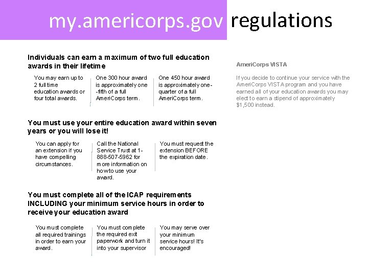 my. americorps. gov regulations Individuals can earn a maximum of two full education awards