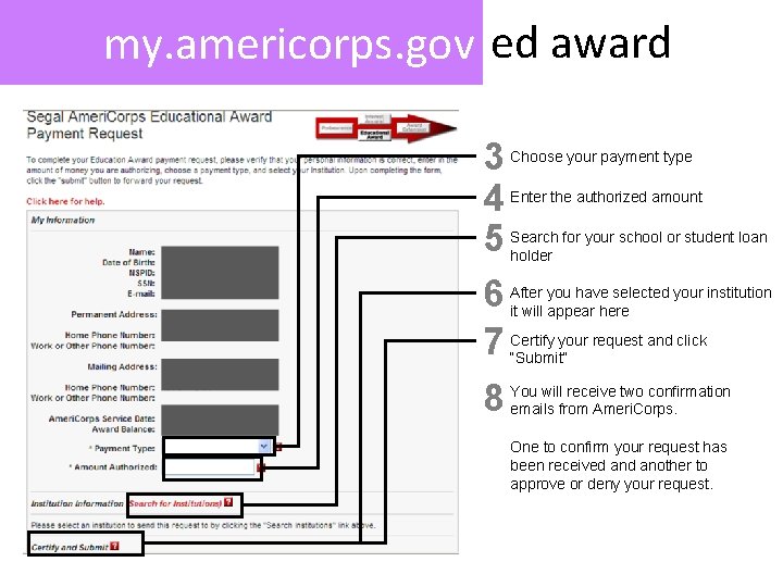 my. americorps. gov ed award 3 Choose your payment type 4 Enter the authorized