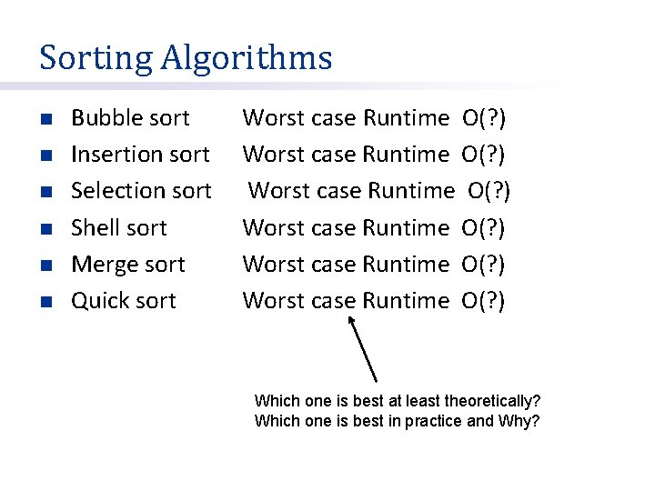 Sorting Algorithms n n n Bubble sort Insertion sort Selection sort Shell sort Merge