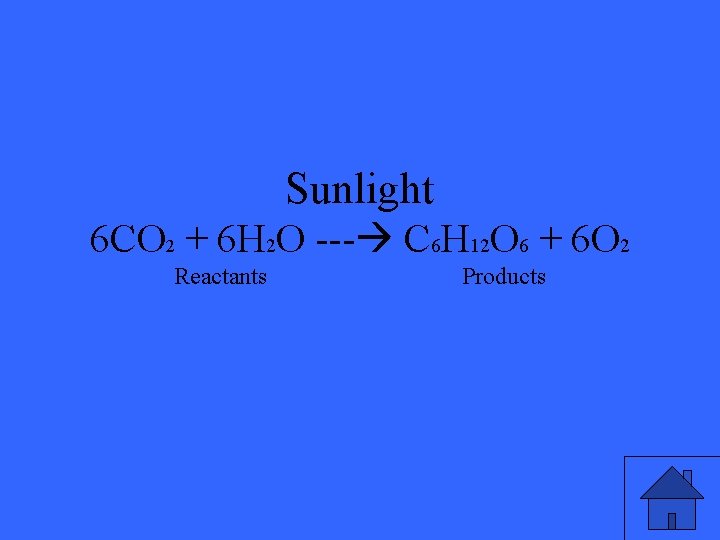 Sunlight 6 CO 2 + 6 H 2 O --- C 6 H 12