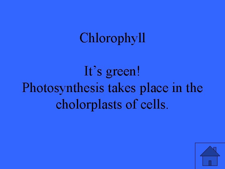 Chlorophyll It’s green! Photosynthesis takes place in the cholorplasts of cells. 