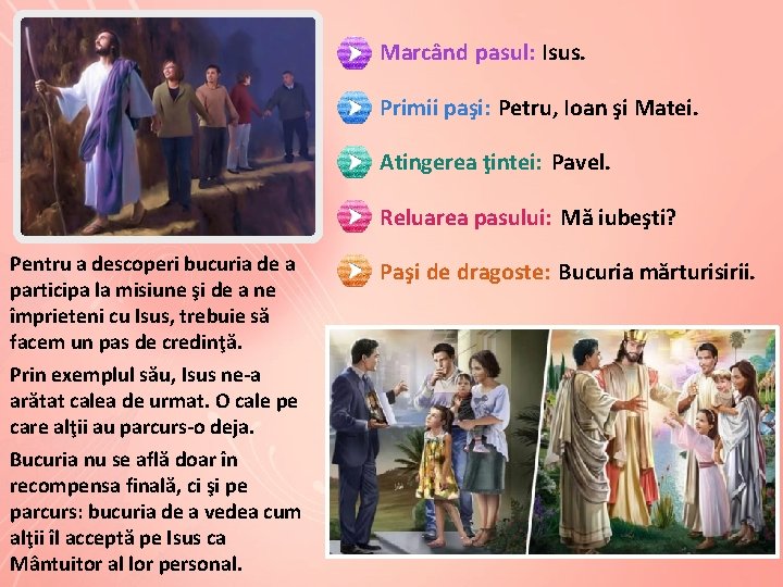 Marcând pasul: Isus. Primii paşi: Petru, Ioan şi Matei. Atingerea ţintei: Pavel. Reluarea pasului: