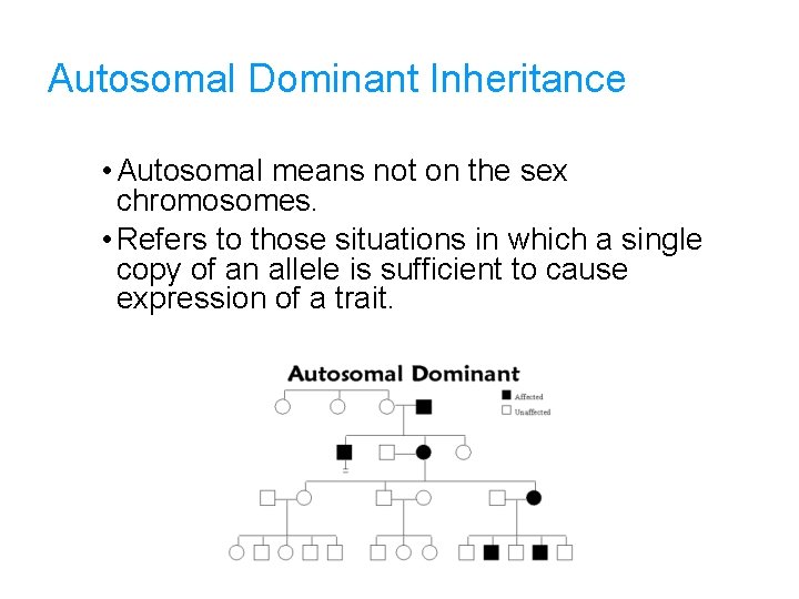 Autosomal Dominant Inheritance • Autosomal means not on the sex chromosomes. • Refers to