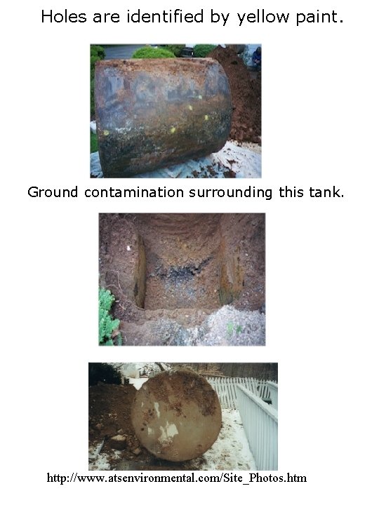 Holes are identified by yellow paint. Ground contamination surrounding this tank. http: //www. atsenvironmental.