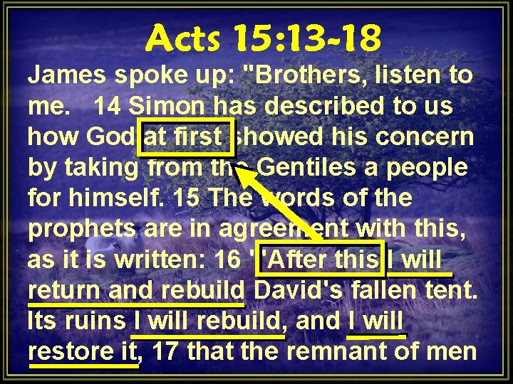 Acts 15: 13 -18 James spoke up: "Brothers, listen to me. 14 Simon has Acts 15: 13 -18 James spoke up: "Brothers, listen to me. 14 Simon has