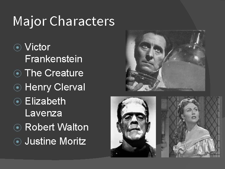 Major Characters ⦿ ⦿ ⦿ Victor Frankenstein The Creature Henry Clerval Elizabeth Lavenza Robert