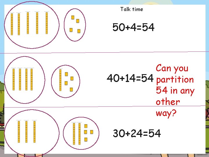 Talk time 50+4=54 Can you 40+14=54 partition 54 in any other way? 30+24=54 