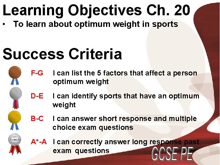 Learning Objectives Ch. 20 • To learn about optimum weight in sports Success Criteria