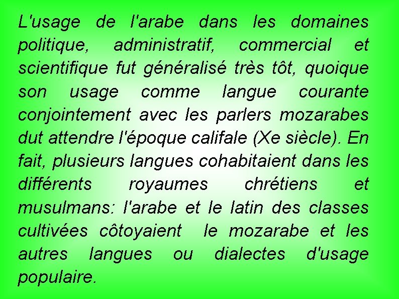 L'usage de l'arabe dans les domaines politique, administratif, commercial et scientifique fut généralisé très L'usage de l'arabe dans les domaines politique, administratif, commercial et scientifique fut généralisé très