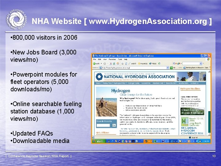 NHA Website [ www. Hydrogen. Association. org ] • 800, 000 visitors in 2006