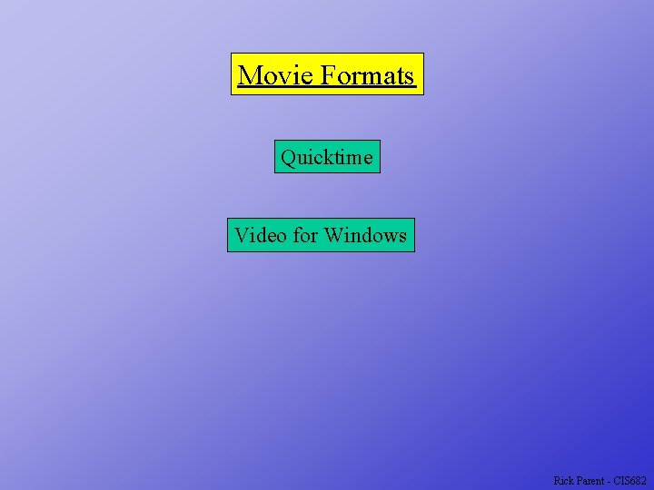 Movie Formats Quicktime Video for Windows Rick Parent - CIS 682 