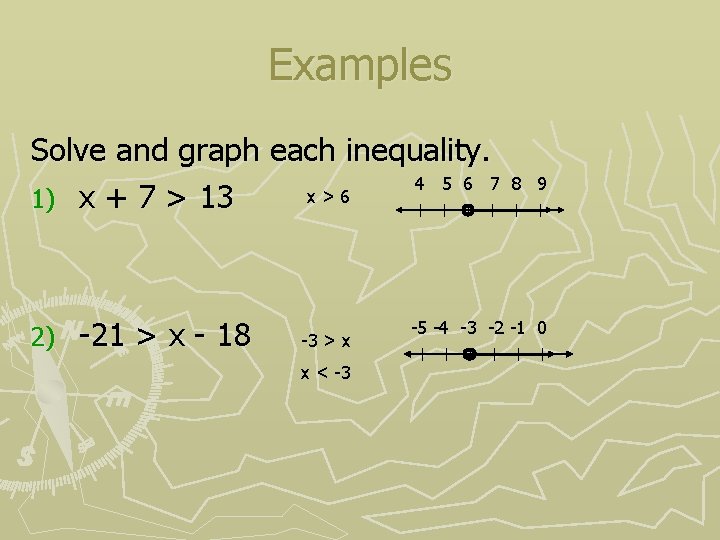 Examples Solve and graph each inequality. 4 5 6 7 x > 6 1)