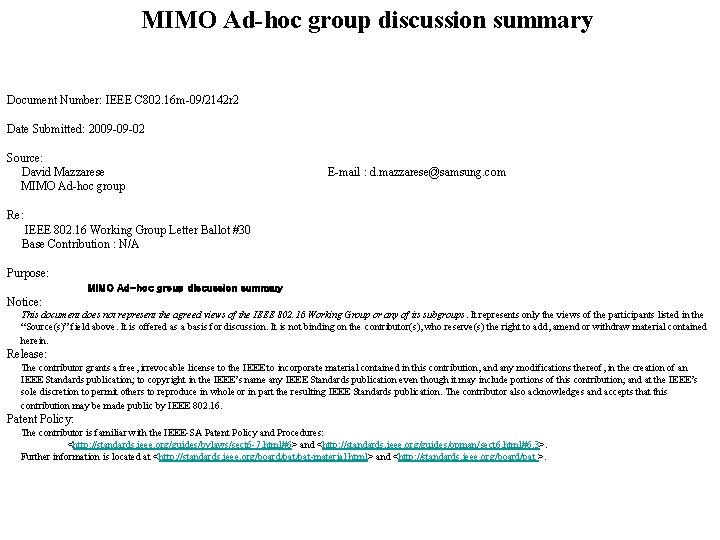 MIMO Ad-hoc group discussion summary Document Number: IEEE C 802. 16 m-09/2142 r 2