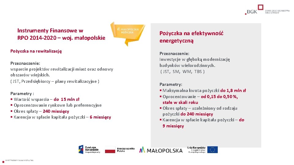 Instrumenty Finansowe w RPO 2014 -2020 – woj. małopolskie Pożyczka na rewitalizację Przeznaczenie: wsparcie