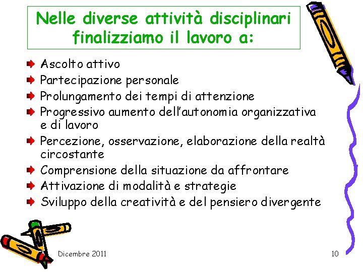 Nelle diverse attività disciplinari finalizziamo il lavoro a: Ascolto attivo Partecipazione personale Prolungamento dei