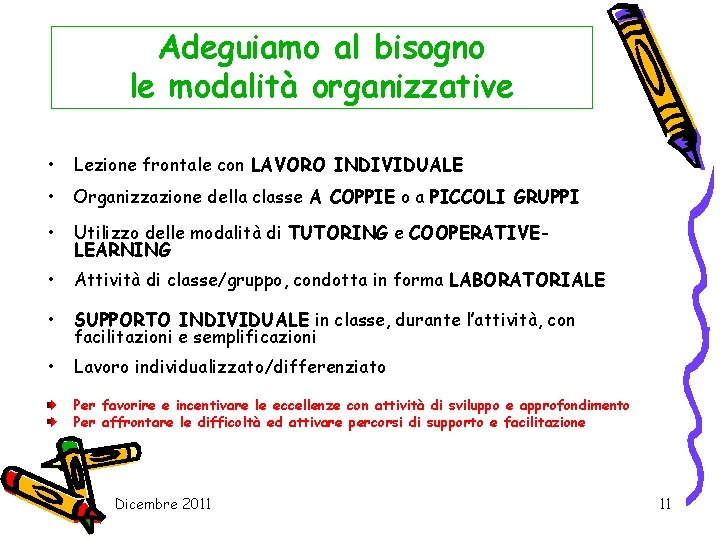 Adeguiamo al bisogno le modalità organizzative • Lezione frontale con LAVORO INDIVIDUALE • Organizzazione