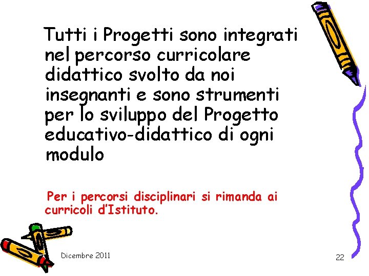 Tutti i Progetti sono integrati nel percorso curricolare didattico svolto da noi insegnanti e